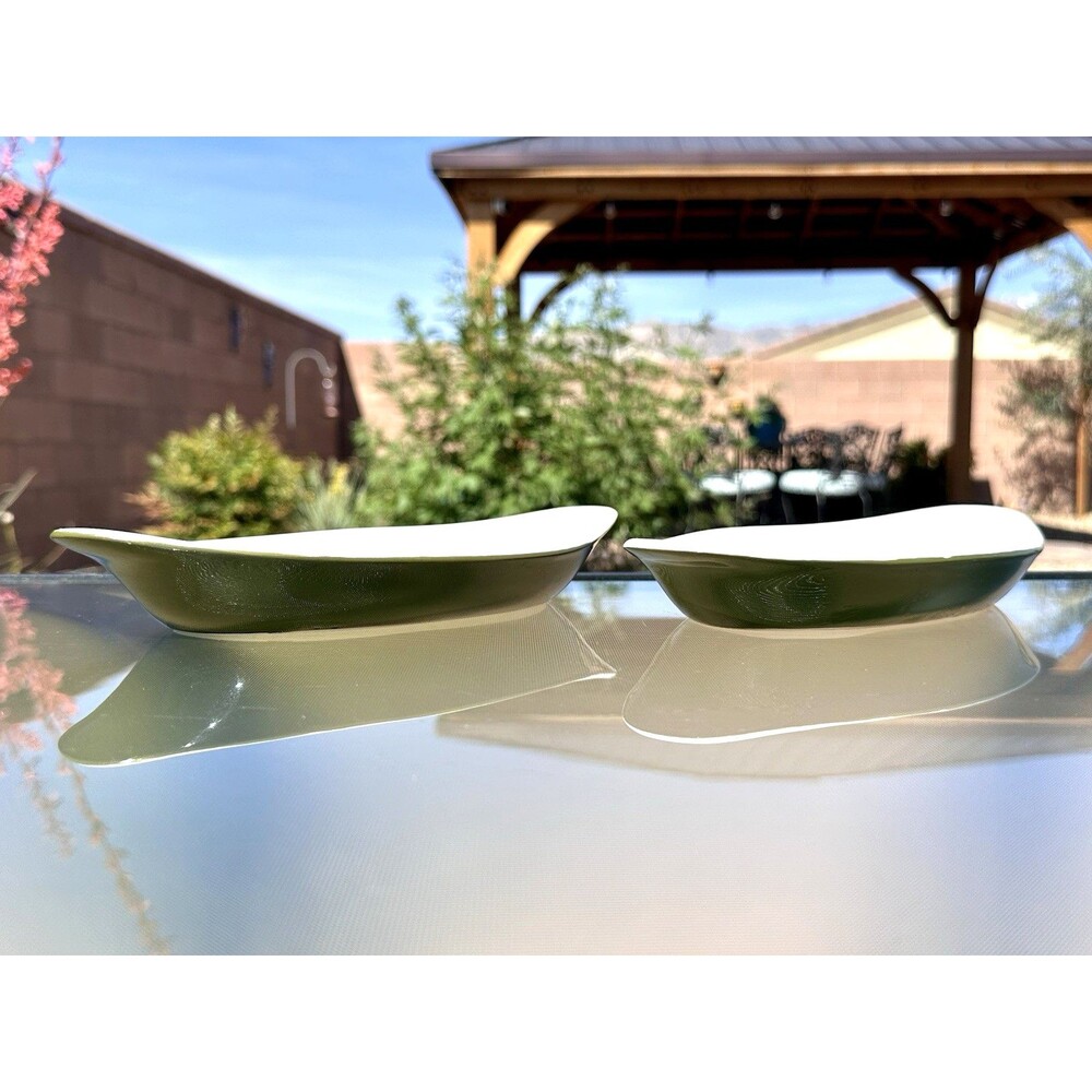 Vintage 1970s Hall 521 Au Gratin Ceramic Casserole Dish Green White Pair 9 1/8"